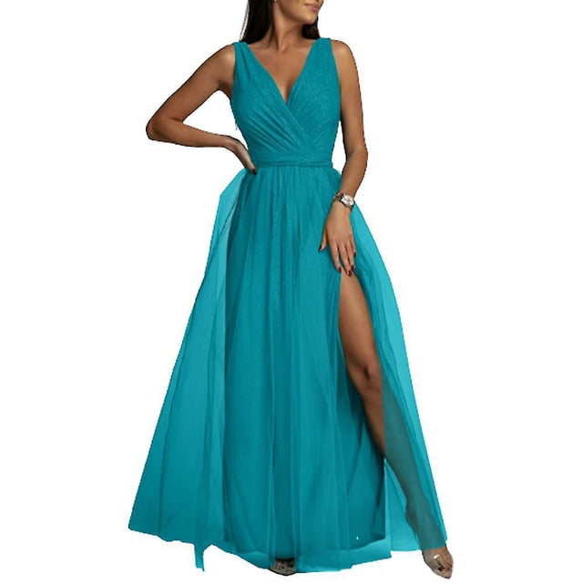 Vestido largo de dama de honor con cuello en V para mujer, vestido de baile de graduación, fiesta de noche, cóctel, vestidos largos divididos