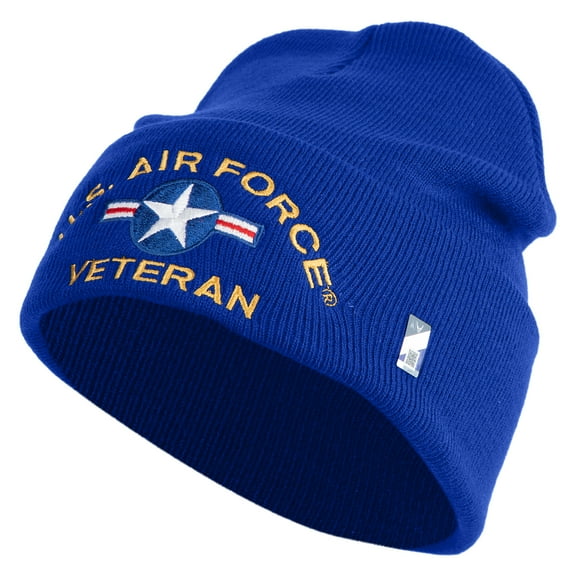 U.S. Airforce Veteran with Roundel Logo Embroidered 12 Inch Solid Knit Cuff Long Beanie Made in USA - Royal Blue OSFM