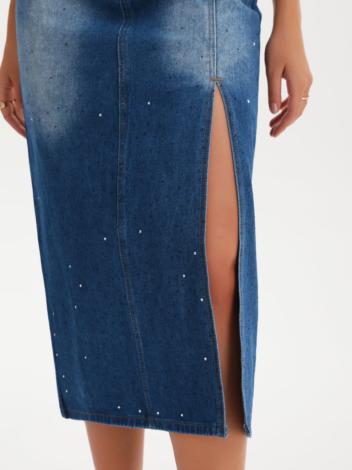 DARING DIVA Women's Midi Denim Skirt Side Split Rhinestone Jean Skirts XX-Large Dark Blue