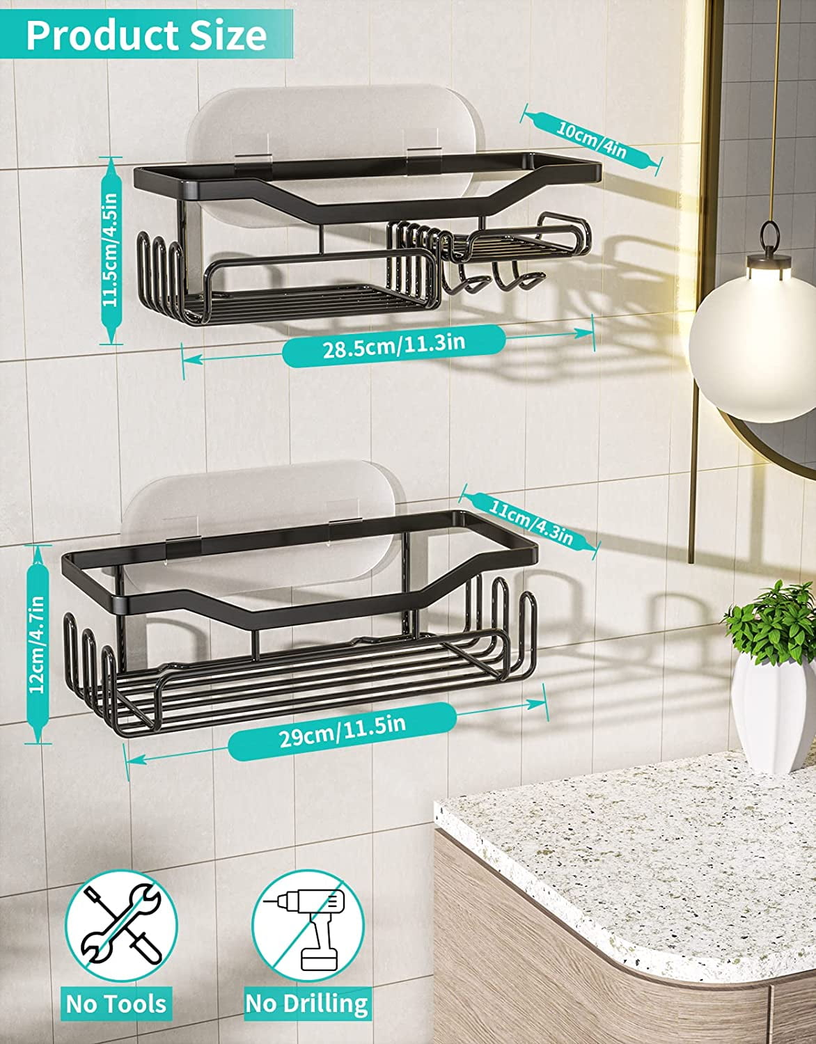 HapiRm Shower Caddy Shelf with 11 Hooks, Shower Rack for Hanging Razor,  Soap and Shower Gel, No Drilling Bathroom Shelf with 3-4 Traceless Adhesive