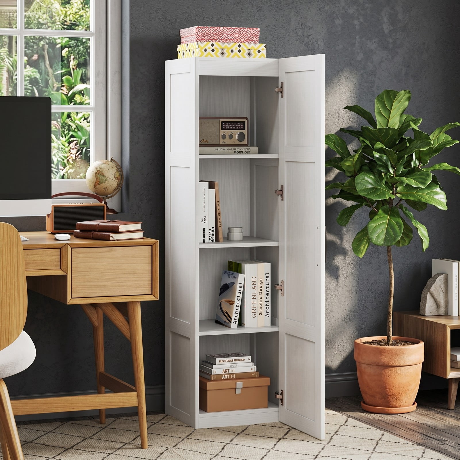 ALPULON Tall Narrow Storage Cabinet with 4 Shelves and Door, Freestanding Slim Bathroom Organizer Cabinet for Living Room Kitchen Utility Room, Engineered Wood, White