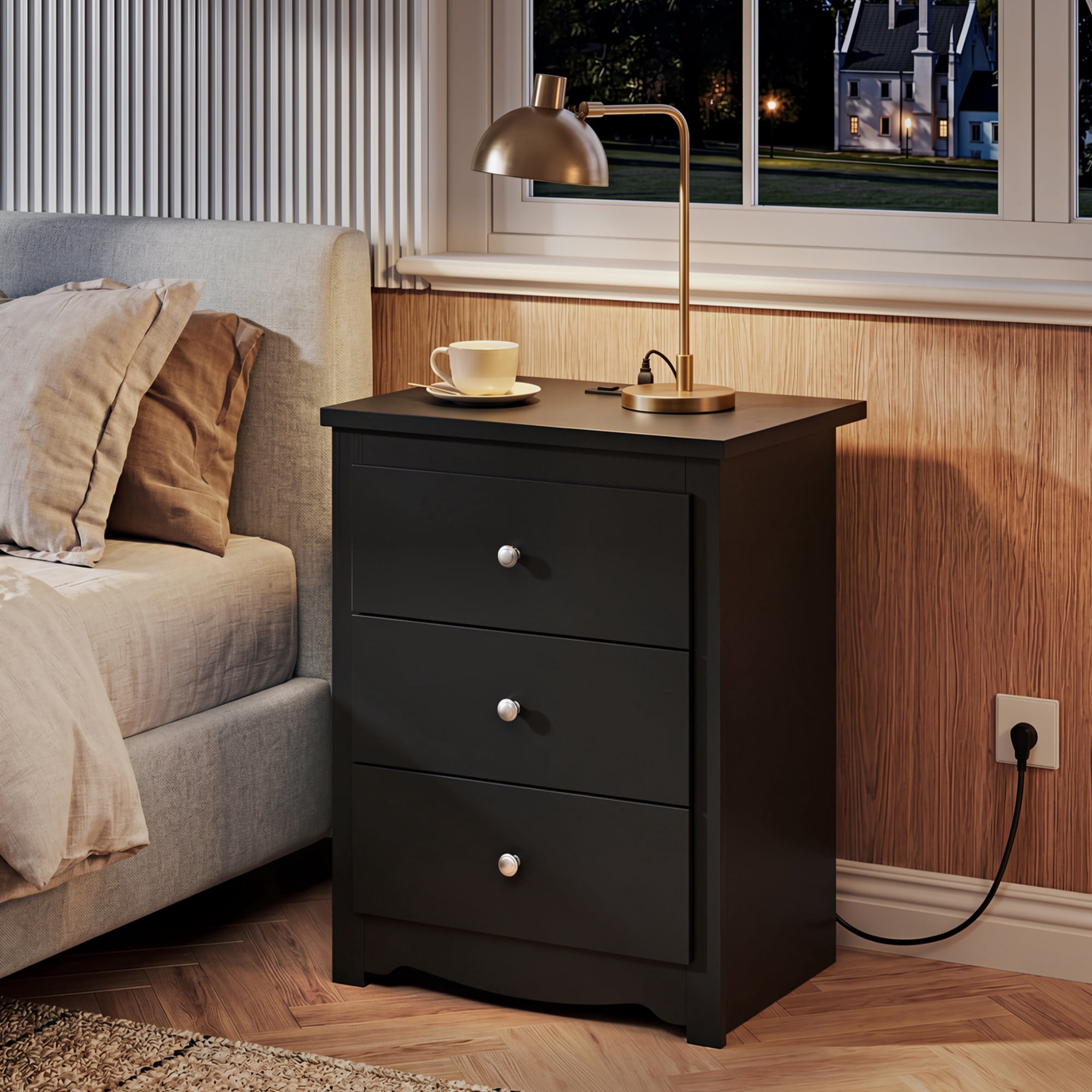 GALAXHERO Tall Black Nightstand with Charging Station and 3 Drawers, Wood Bedside End Table with 2 USB Ports & 2 AC Outlets for Bedroom Living Room Dorm