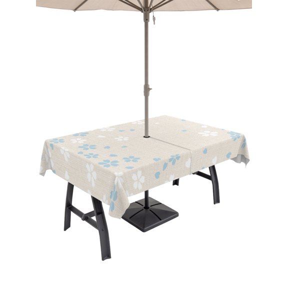 60x84 Inch Outdoor Tablecloth with Umbrella Hole Zipper Rectangle Light Blue Cherry Floral Rectangular Tablecloths Waterproof Modern Art Falling Petals Burlap Patio Table Cloth Cover for Picnic