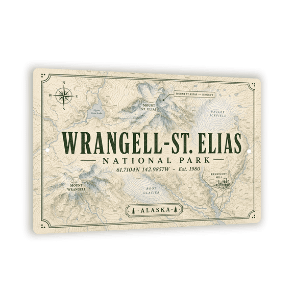 "WRANGELL-ST. ELIAS NATIONAL PARK" Aluminum Sign - Topographic Map Style - 8"x 12" National Park Wall Art For Park Lovers & Outdoor Enthusiasts