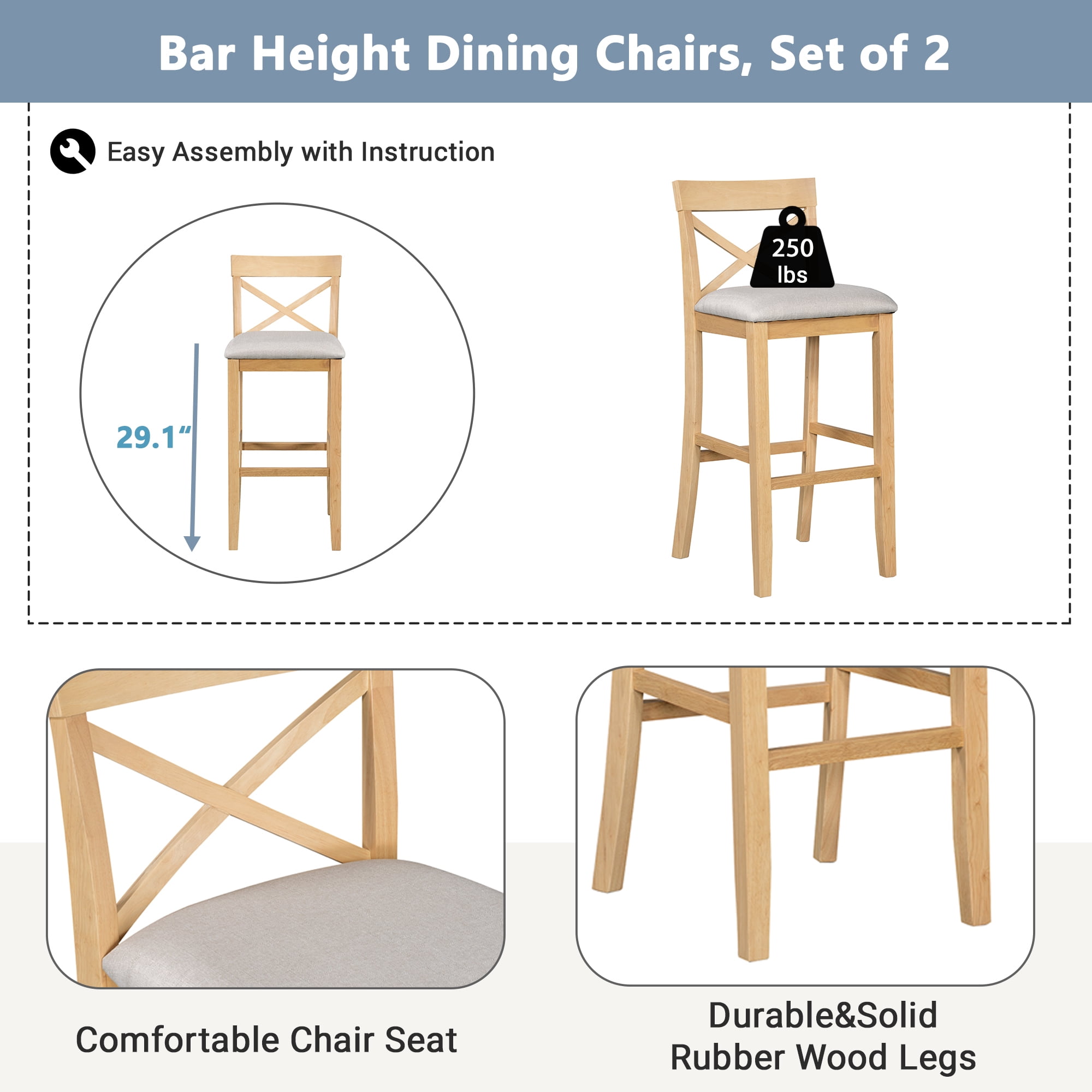 Euroco Farmhouse 3 Piece Dining Set,48" Rectangular Wood Bar Set Kitchen Breakfast Nook with 2 Chairs for Small Places,Natural