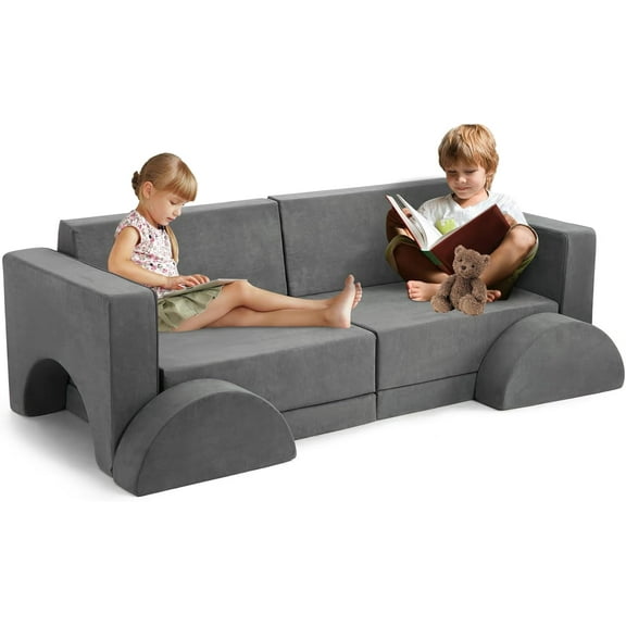 8 Piece Soft Modular Kids Play Couch for Boys and Girls, Child Sectional Fort Building Sofa for Toddlers Playroom Nursery, Kids Convertible Sofa with Removable Cover, Dark Grey