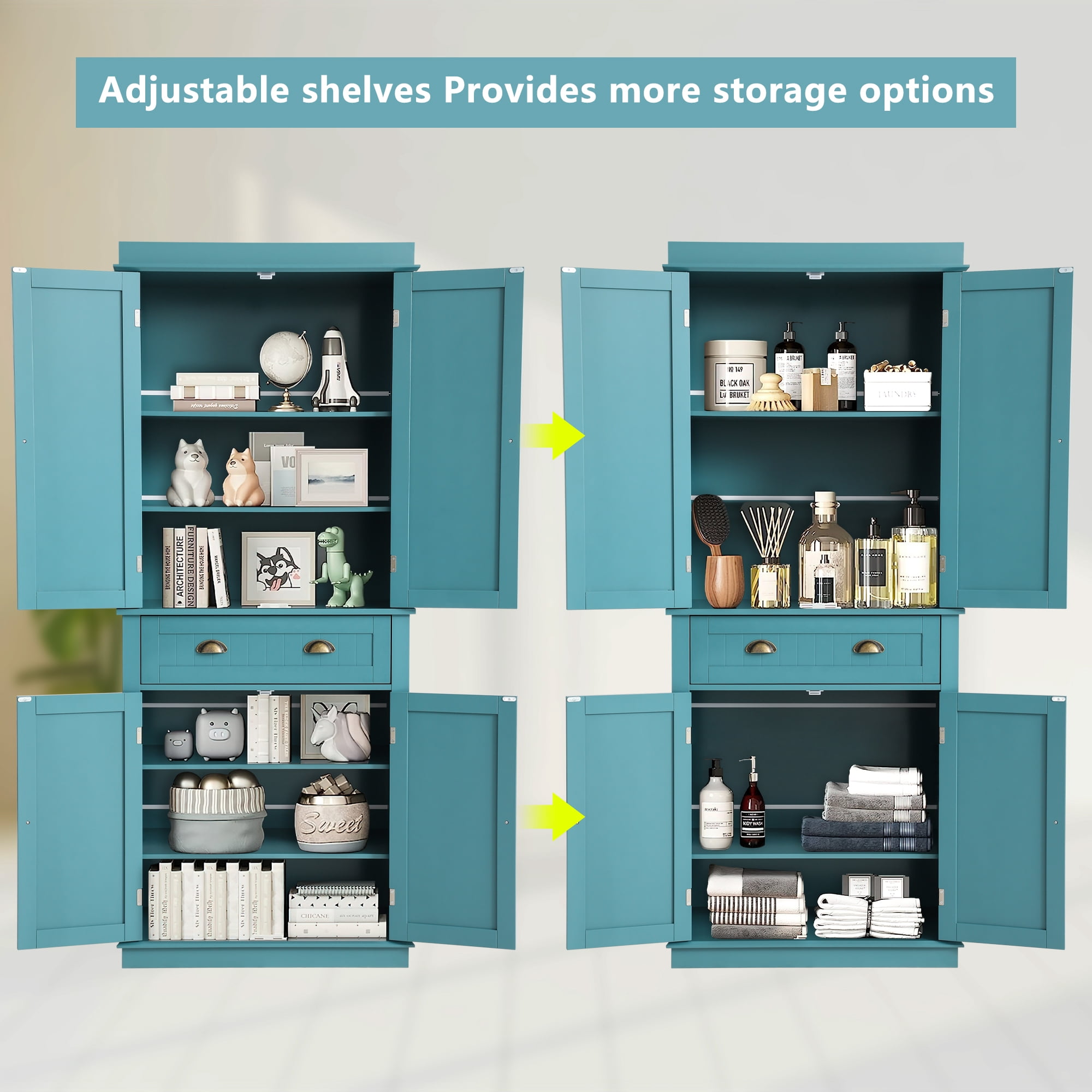 KIGOTY Blue Kitchen Pantry Cabinet Freestanding Cupboard with 2 Cabinets, Drawer and Adjustable Shelves for Kitchen ,Dinging Room