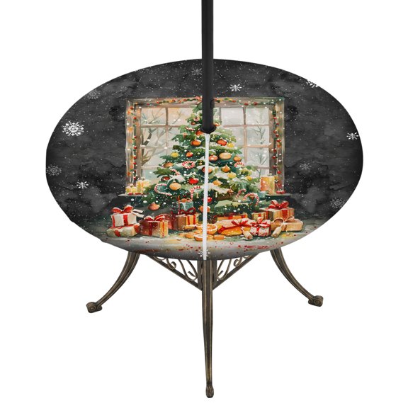 Round Outdoor Tablecloth with Umbrella Hole and Zipper, Black Christmas Tree Fitted Table Cover with Elastic Edge for 45-54 Inch, Watercolor Xmas Snowflake Waterproof Patio Tablecoths for Picnic