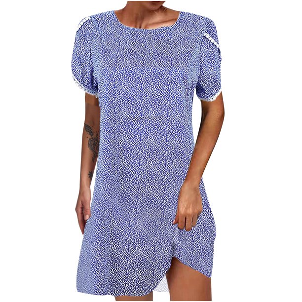 Vestidos de cuello redondo con estampado floral de manga corta de encaje casual de verano para mujer Fridja bnh639