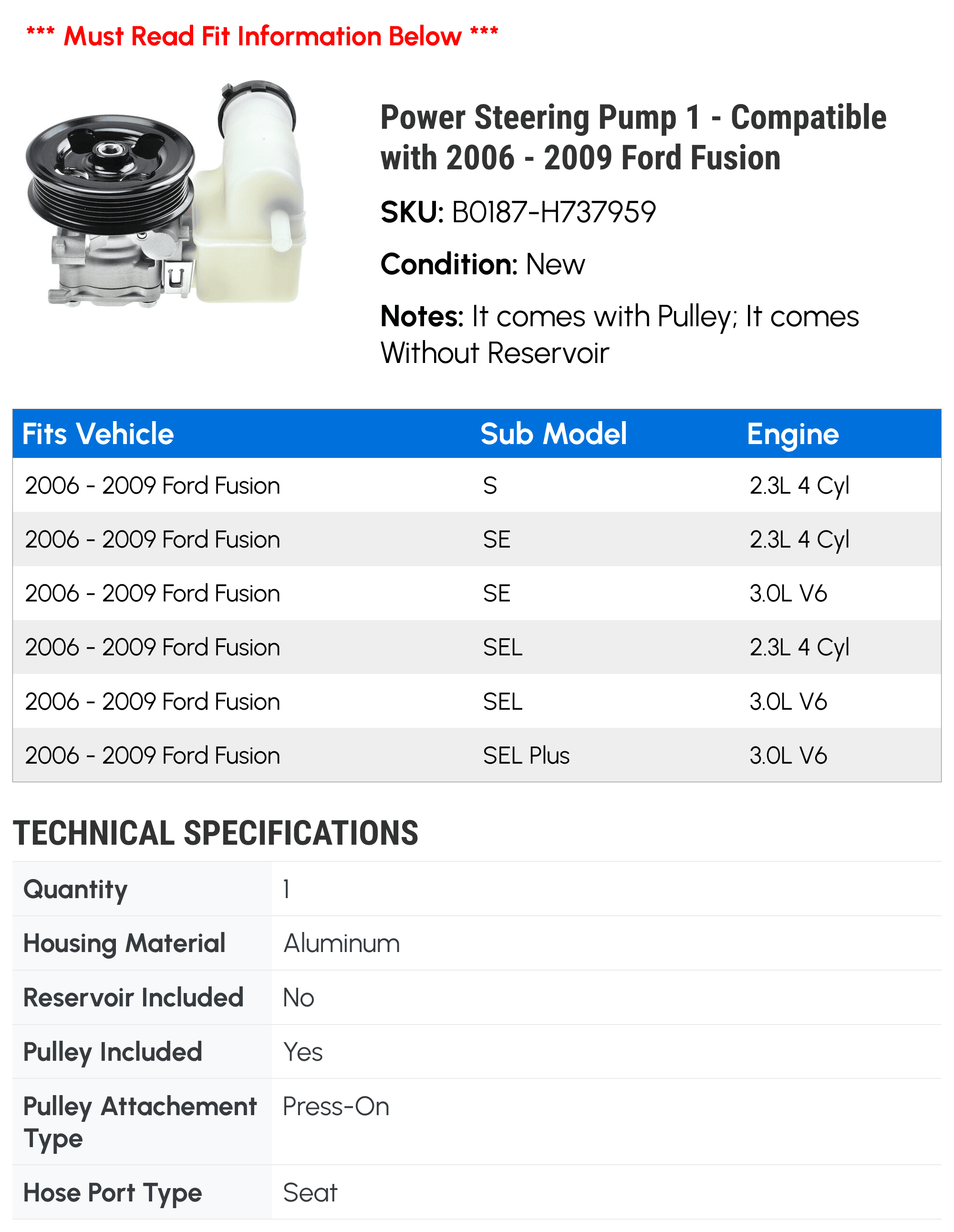 Power Steering Pump 1 - Compatible with 2006 - 2009 Ford Fusion - Autopart Premium