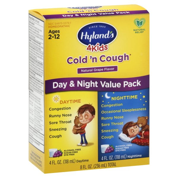 Kids Cold Medicine for Ages 2+, Hyland's 4 Kids Cold 'n Cough, Day and Night Value Pack, Grape Syrup, Cough Medicine for Kids, Nasal Decongestant and Allergy Relief, 4 Fl Oz Each