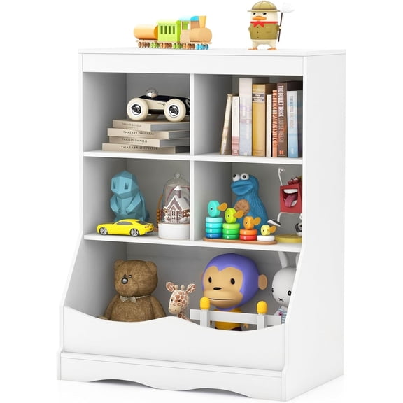 unbrand Kids Bookshelf, Kids Bedroom Furniture with 4 Cubes, 1 Open Compartment, Nursery Bookcase with Anti-Tipping Device and Tabletop, Toddler Toy Storage Organizer for Playroom, Bedroom (White)