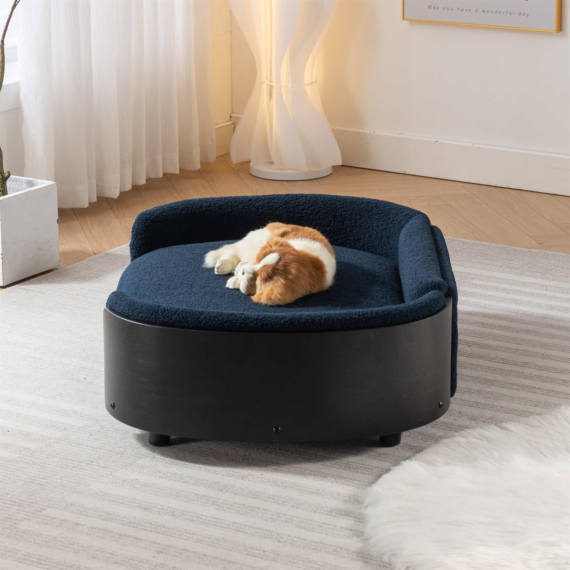 Pefilos 38" Elevated Pet Dog Bed with Solid Wood Legs and Black Bent Wood Back, Cashmere Cushion, Pet Sofa for Indoors Dogs, Dark Blue Pefilos 38" Elevated Pet Dog Bed with Solid Wood Legs and Black Bent Wood Back, Cashmere Cushion, Pet Sofa for Indoors Dogs, Dark Blue
