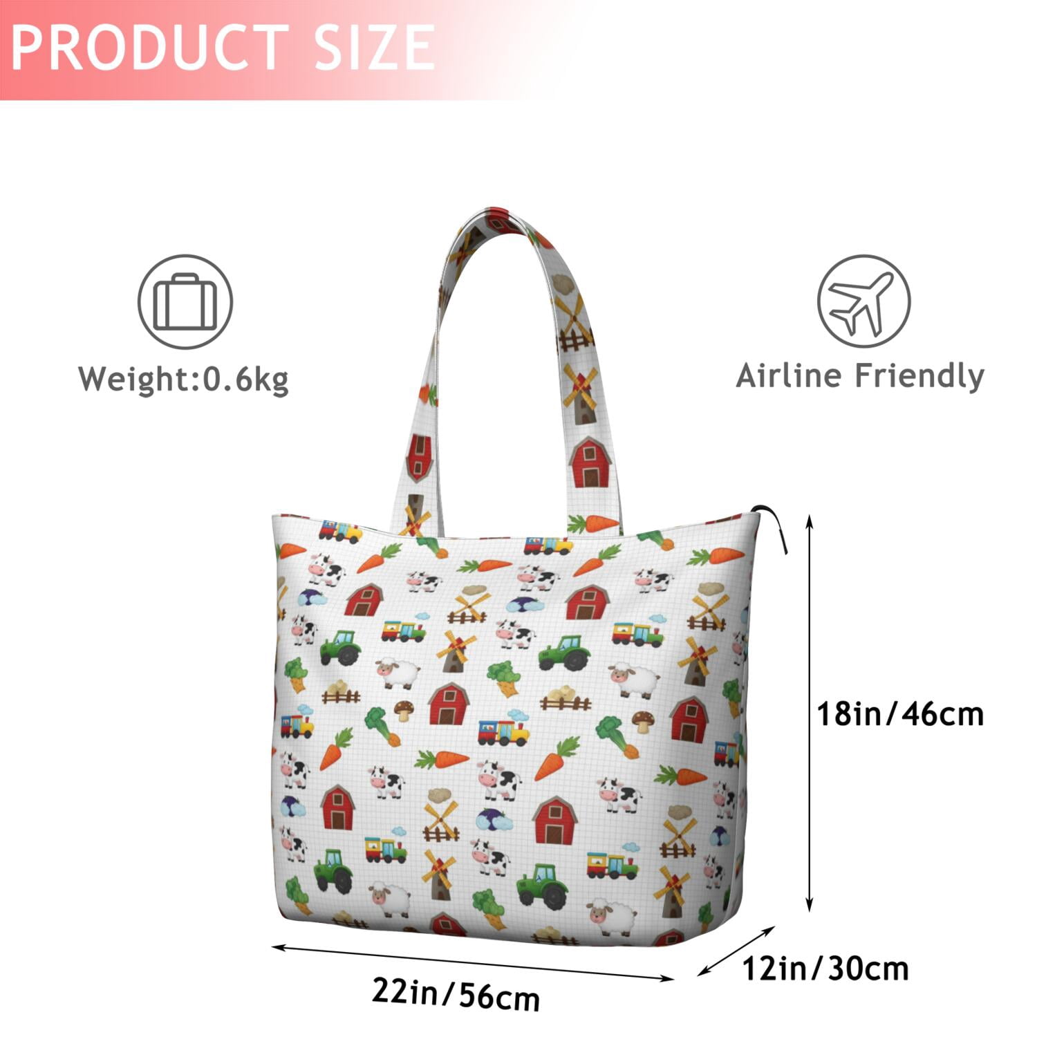 Cartoon Tractors Barns White Pattern Travel Tote Bags for Women Carry On,Large Weekender Bags for Women Travel,Multi Functional Duffle Bag for Work,Shopping,Sports