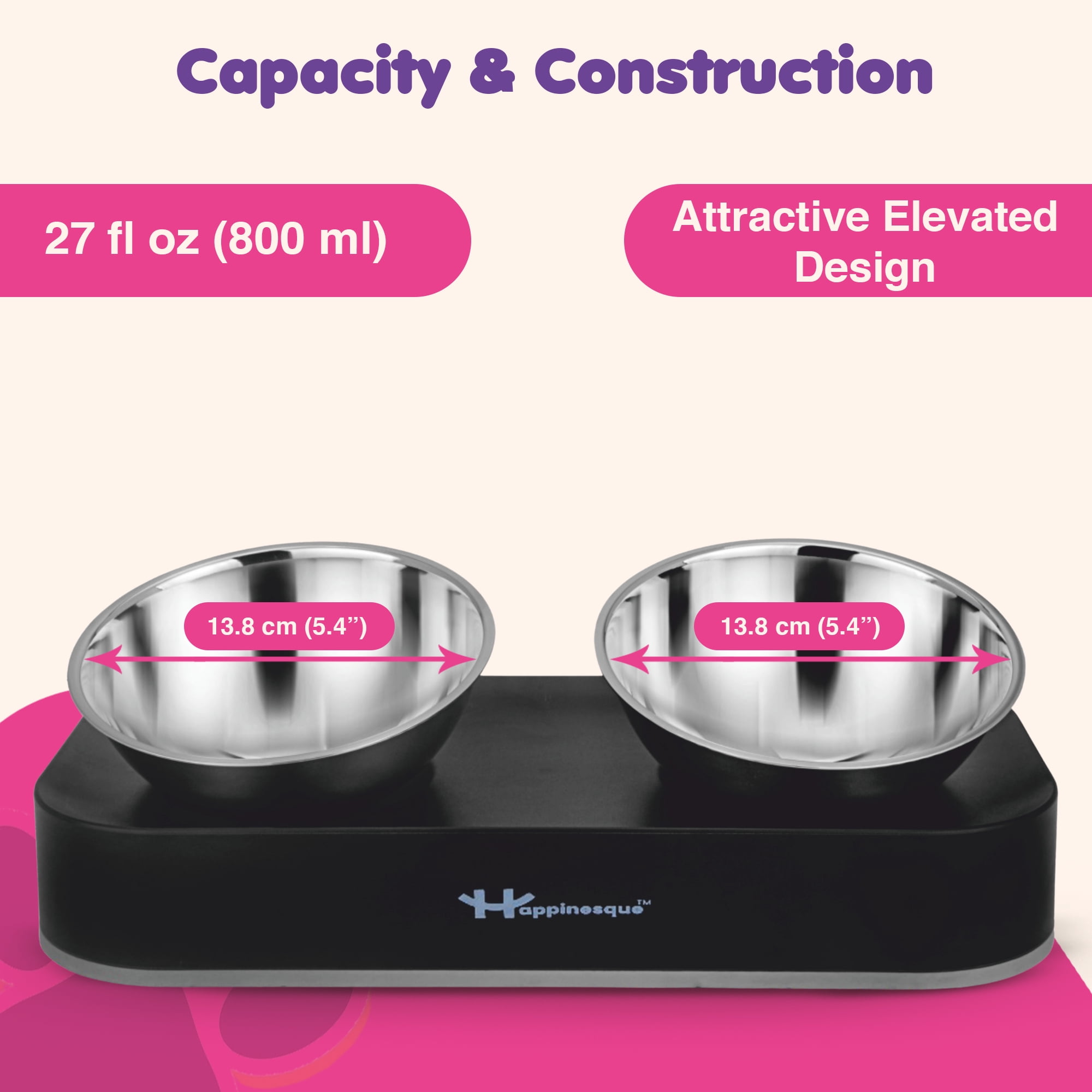 Happinesque 2Pc Elevated & Tilted Stainless Steel Dog & Cat Bowls, Non Slip (2x27 fl oz - 3.5 Cups)