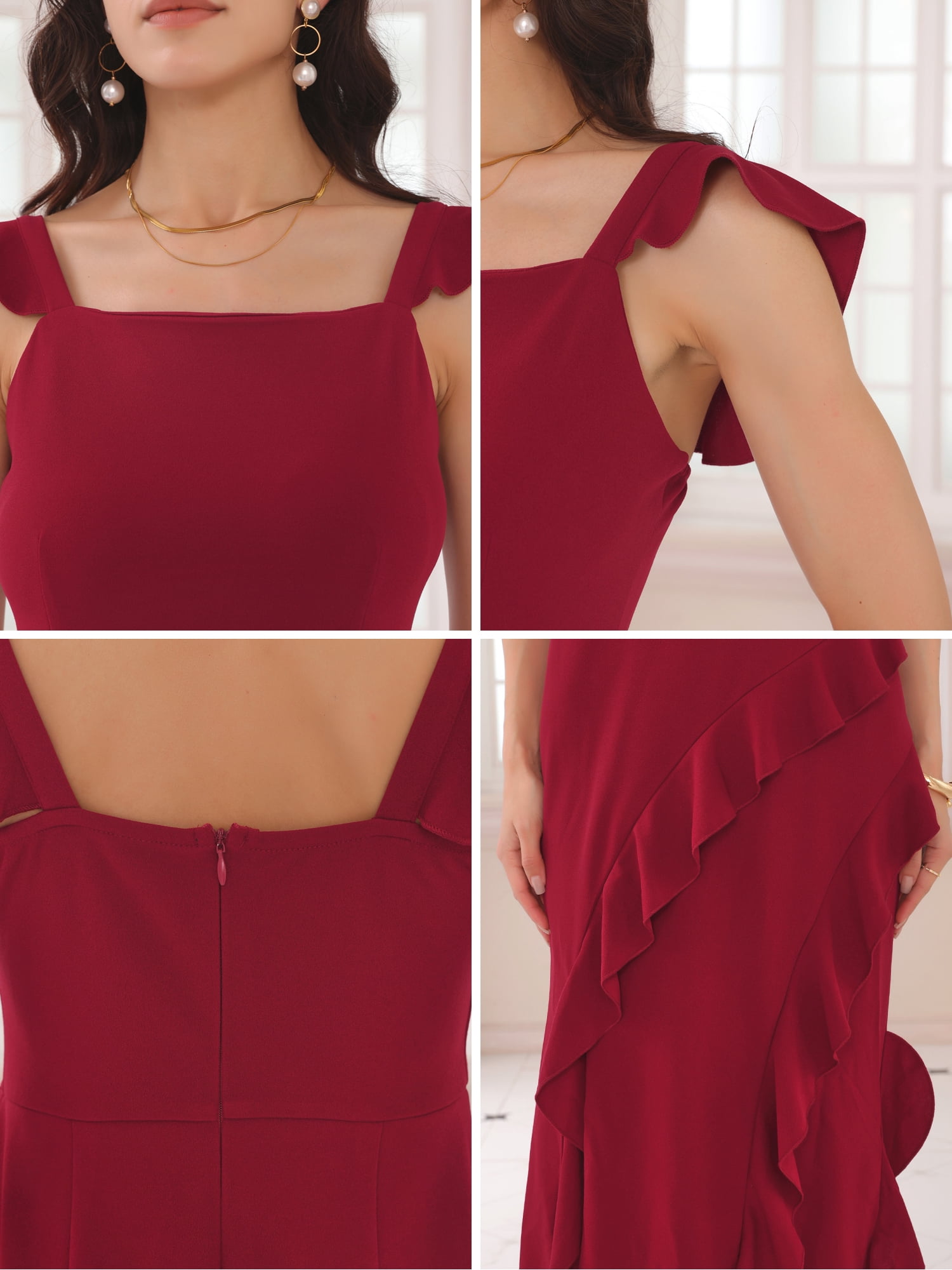 DARING DIVA Cocktail Sleeveless Square Neck Ruffle Midi Dress XL Wine Red