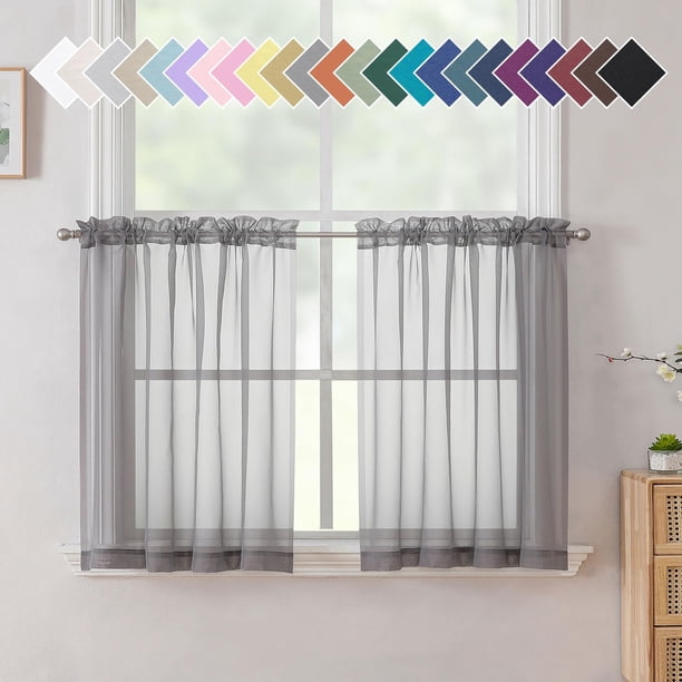 Aiyufneg Cortinas pequeñas transparentes de media cocina, cortinas transparentes con filtrado de luz, paneles de ventana de 24 pulgadas, bolsillo para barra, cortina corta de gasa gris para baño, 40 a