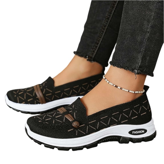 pwidon Women's Breathable Knit Slip On Loafers Orthopedic Arch Support Platform Wedge Comfort Walking Casual Sneaker Shoes Black 5.5