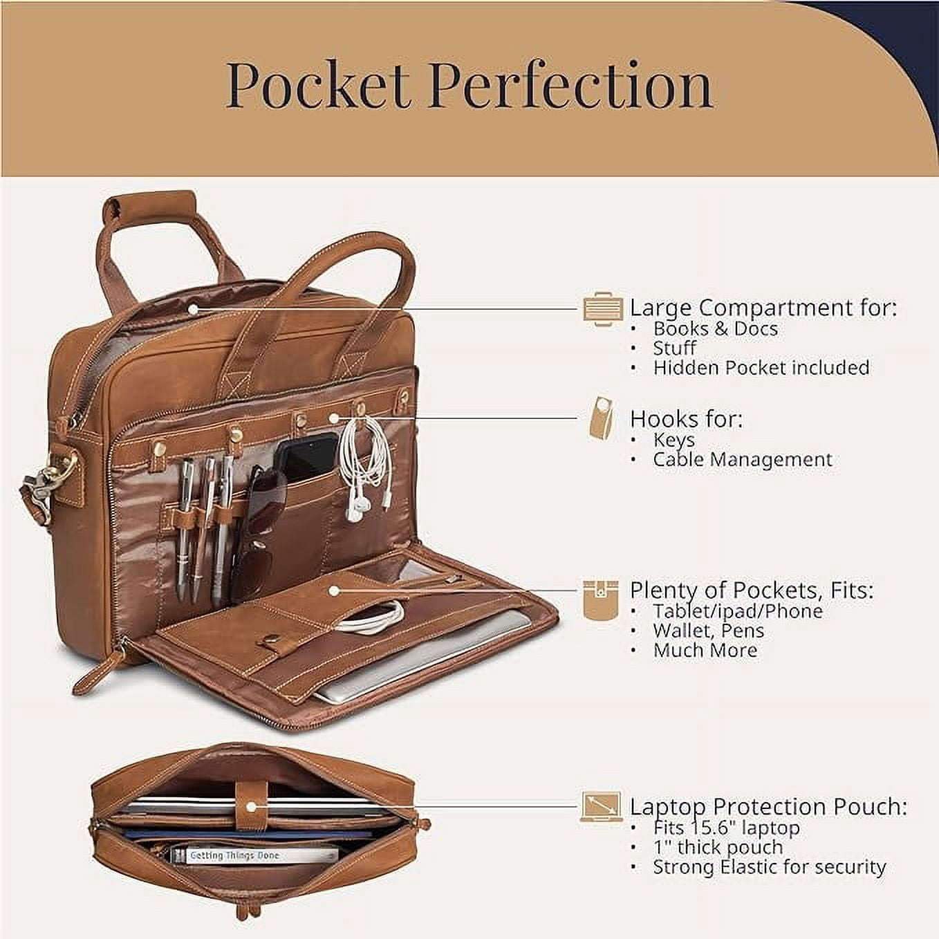 Full-Grain Leather Laptop Briefcase For Men, Leather Computer Bag For Men - Light Brown