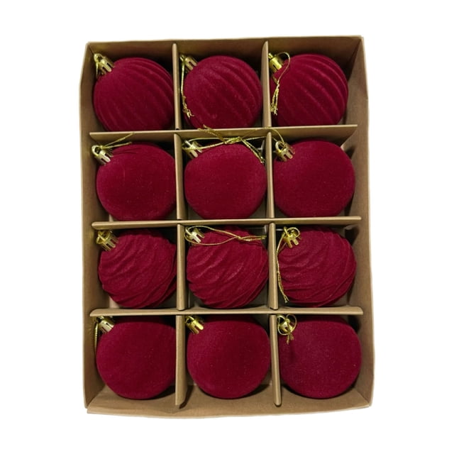12 adornos navideños de terciopelo de 2,36 pulgadas: plástico con revestimiento flocado, textura lujosa, ganchos incluidos, fáciles de colgar, versátiles para árboles, coronas y decoraciones...