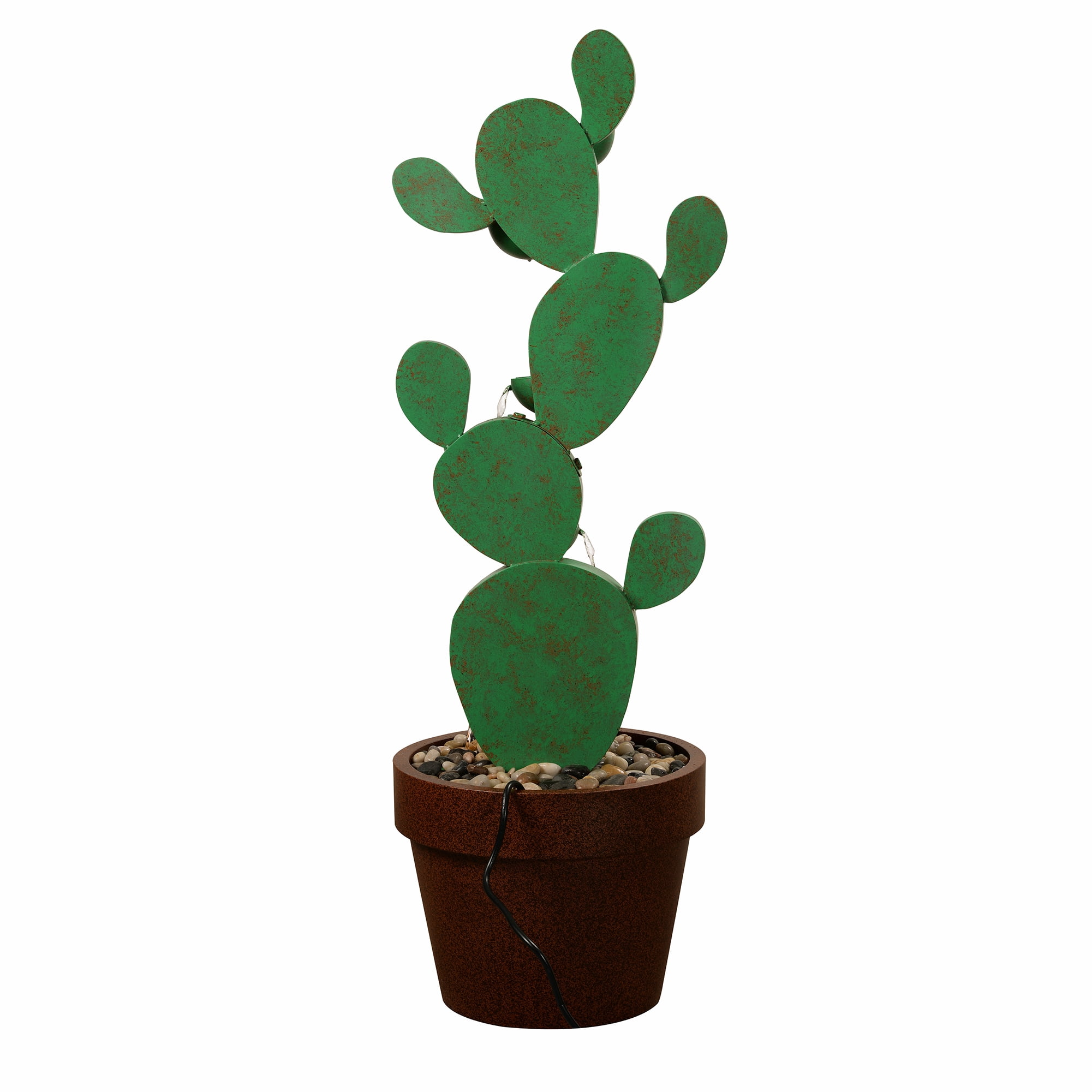 Metal Cactus Fountain with River Stones - Outdoor