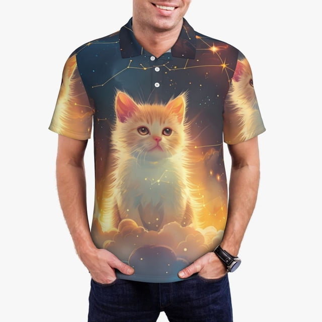 Fotbe Starry Sky Constellation Cat Camiseta Polo de Golf para Hombre con Estampado – Camisa Deportiva Transpirable con Cuello Abotonado-Medium