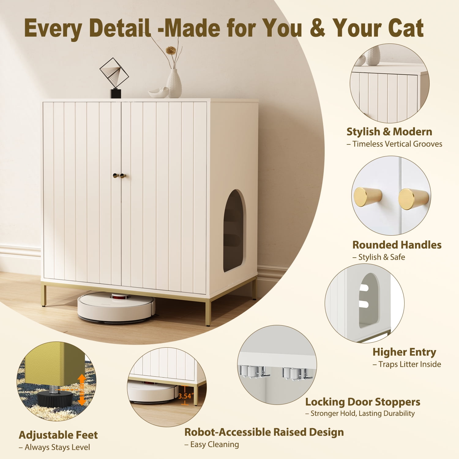 Stylish Cat Litter Box Enclosure, Modern Hidden Litter Box Furniture with Tall Legs, Side Entrance, and Dual Use as End Table for Living Room or Bedroom (White & Gold)