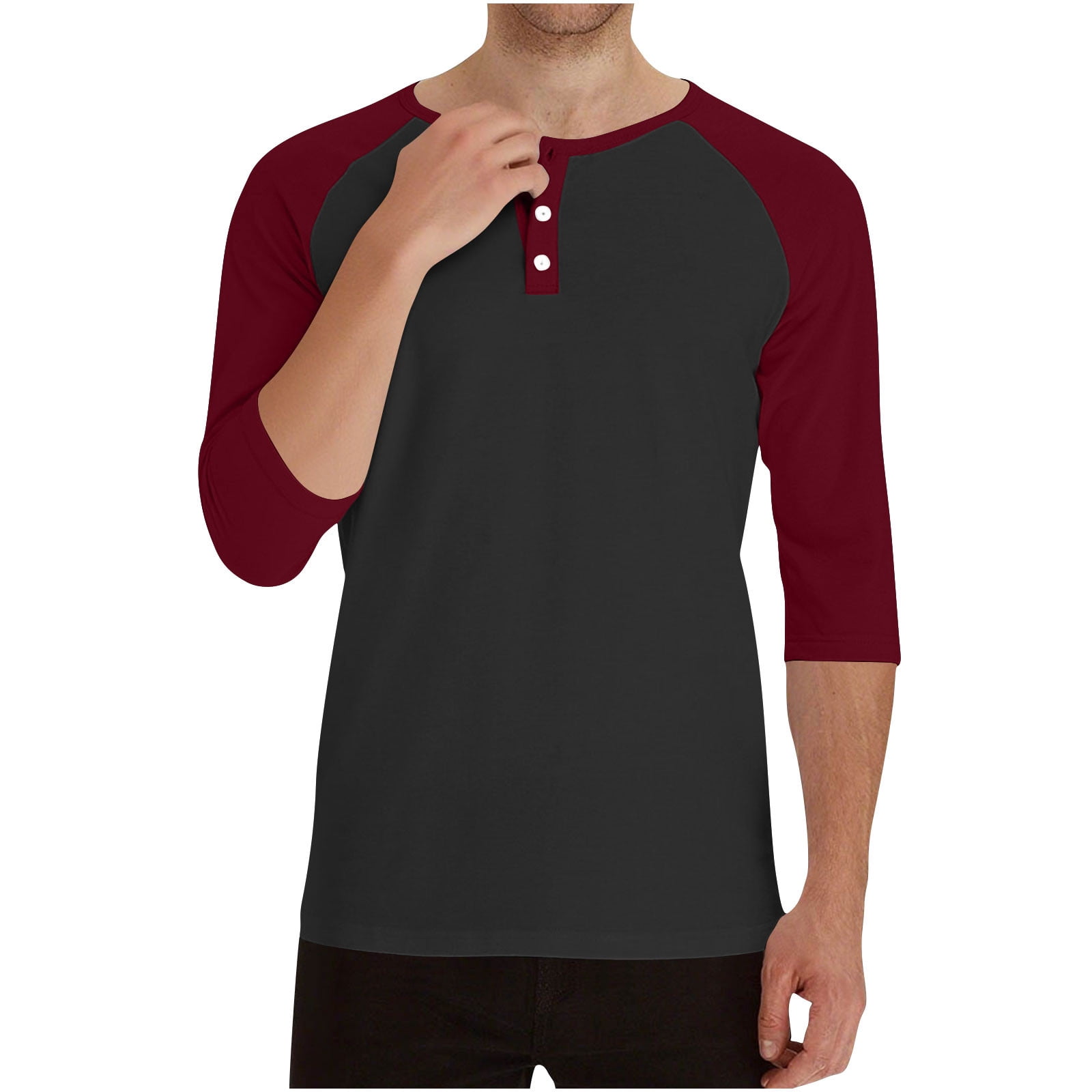 RYRJJ Henley Shirts for Men Raglan 3/4 Sleeve Baseball T-Shirts Color Block Summer Casual Cotton Sport Athletic Tee Tops(Black Wine,XXL)