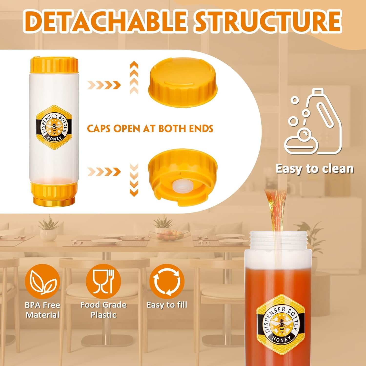 4 Pcs Honey Dispenser No-drip with Lid, & Syrup Squeeze Bottle, Refillable Condiment Bottle Bpa-free, More Hygienic for Sauces Ketchup Kitchen Pancakes Salad Dressings (18 oz)