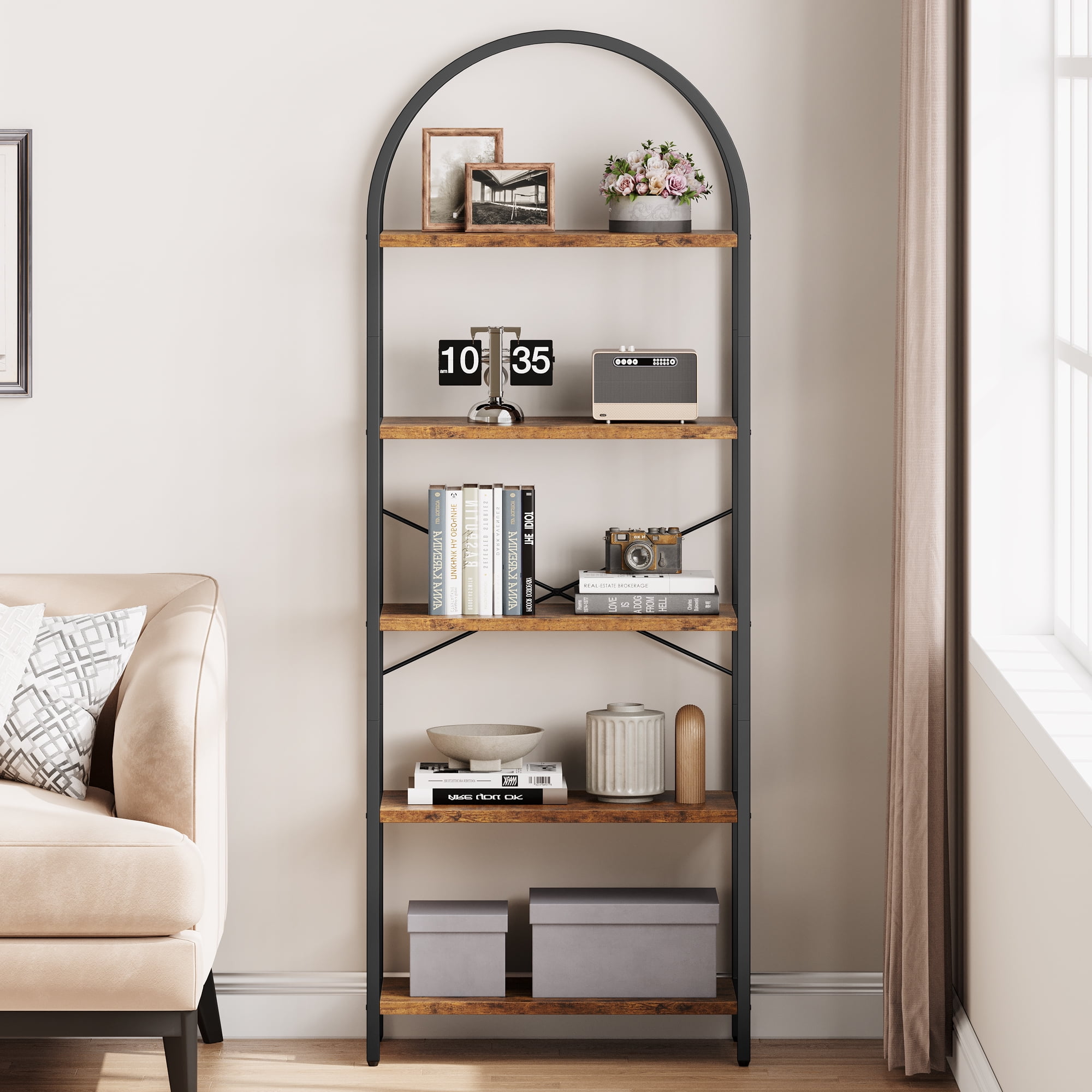 Memoryfield 5 Tier Bookcase, Arched Display Racks Bookshelves, Metal Frame Modern Storage Rack Shelf Large Wood Book Shelf for Bedroom, Living Room, Home Office, Black + Rustic Brown
