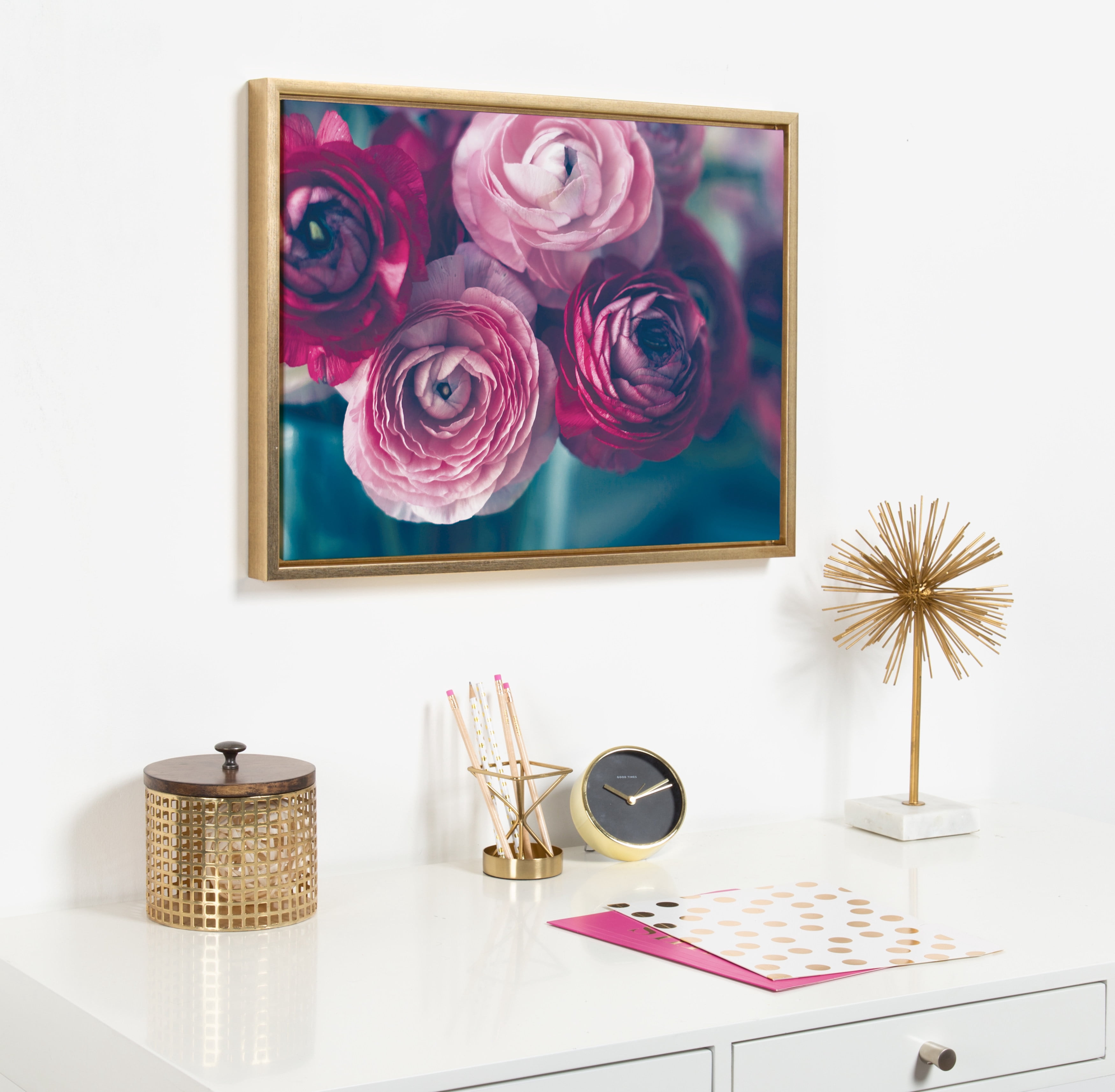 Kate and Laurel Sylvie Pink Flower Bouquet Framed Canvas Wall Art by Kristy Campbell, 18x24 Gold