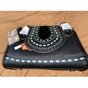 Rugged, Full-Sized Montana West Leather Purse, Custom Embedded Light Blue, Black, Mohair & Chrome Design, Multi-Compartment