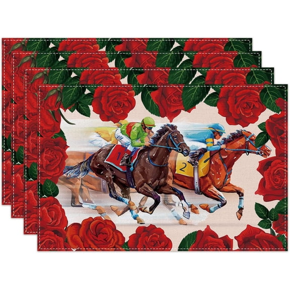 4pcs Pink Kentucky Derby Placemats Table Mats Durable Washable Rustic Linen Vintage Placemats for Home Dinner Party Camping Wedding Table Decoration 12 x 18 inches