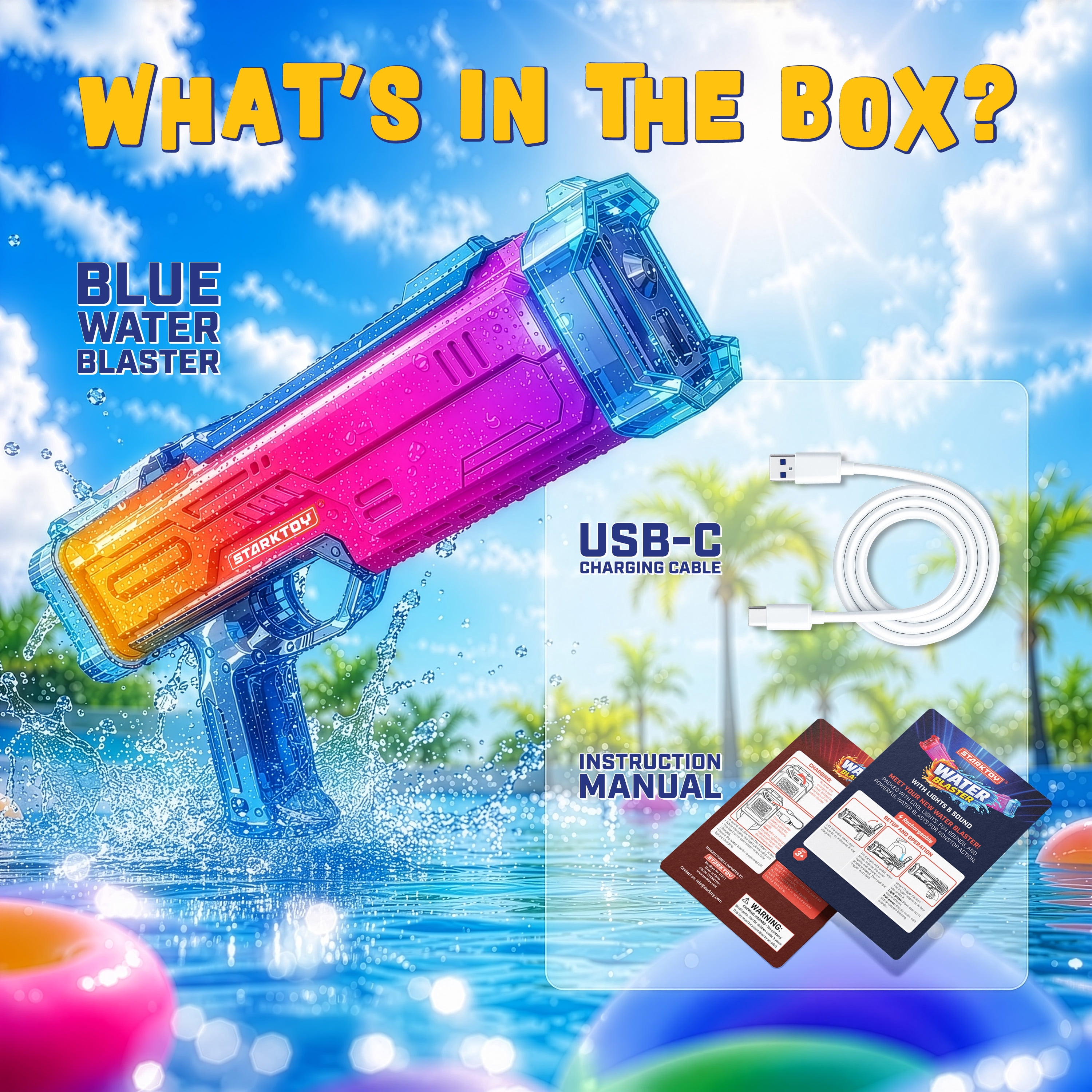 STARKTOY Electric Water Blaster Light Up Full Body Color Changing LED Squirt Gun, Automatic Rechargeable Water Gun for Kids and Adults, Long Range Soaker, Blue