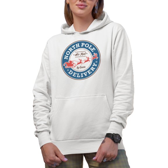 North Pole Delivery, Air Mail by Santa with Reindeers, Christmas Art Merch Gift, White Hooded Sweatshirt or Hoodie, Small
