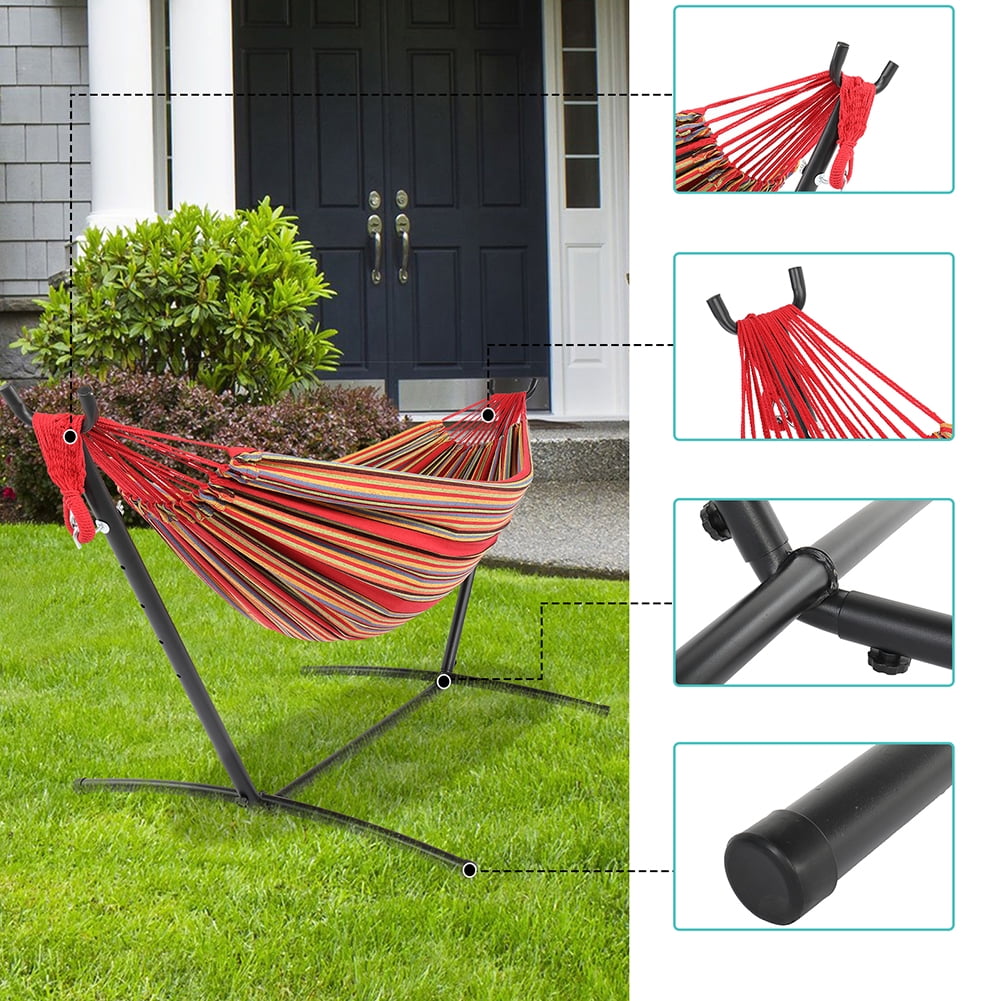 Private Jungle 9ft Steel Pipe Hammock Frame with Cotton Hammock, Natural Rope Iron Hammock Set For Garden, Outdoor, Red Private Jungle 9ft Steel Pipe Hammock Frame with Cotton Hammock, Natural Rope Iron Hammock Set For Garden, Outdoor, Red