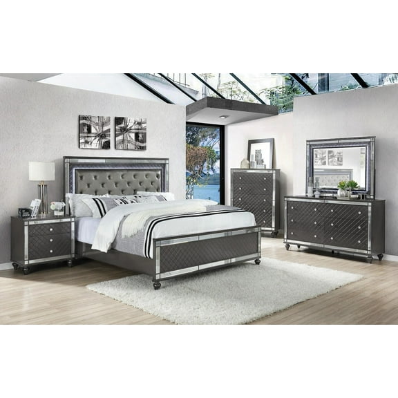 6pc Modern Glam Style LED HB Gray Charcoal Finish King Size Panel Bedroom Set Solid Wood Furniture