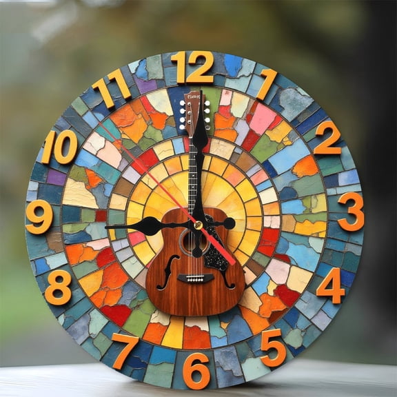 Colorful Mosaic Wall Clock with Guitar Design 10-Inch Silent Wooden Wall Clock, Battery Operated (AA Batteries Not Included), Artistic Home Decor