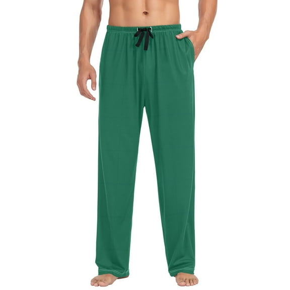 Cotton Mens PJ Pajama Pants Bottoms Waistband Sleepwear with Pockets Dark Green