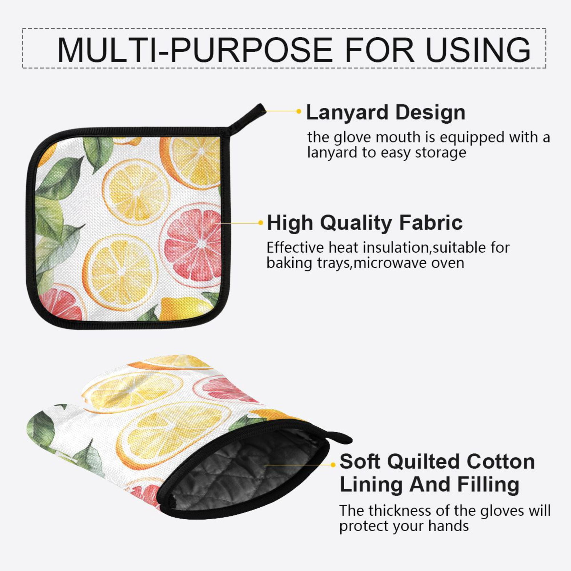 Yayeee Oven Mitts and Pot Holder Set of 4 Heat Resistant Kitchen Gloves Baking Hot Pad, Grapefruit Slices