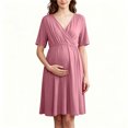 thumbnail image 7 of Annhoo Maternity Dress Short Sleeve V Neck Pleated Waist Knee Length Flowy Gowns Fall Casual Pregnancy Dress, 7 of 7