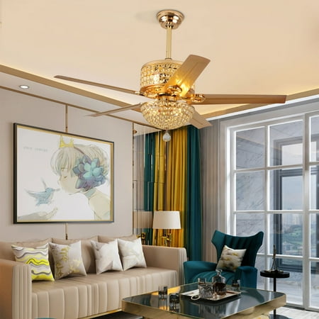 

52 Modern Crystal Ceiling Fan Light LED Chandelier Home Fixture Remote Gold