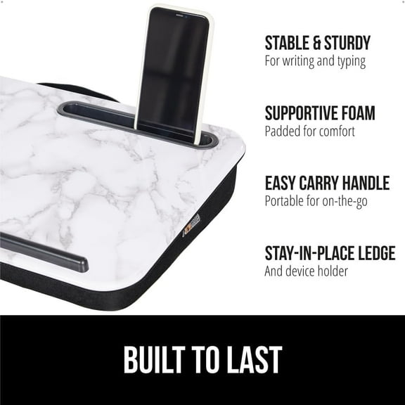 Laptop Lap Desk with Phone Holder, Pillow Cushion Desks Fit Laptops up to 15.6", Tray Ledge Keep Computers in Place, Portable Travel Workstation Essentials for Home, Dorm, Marble Pattern