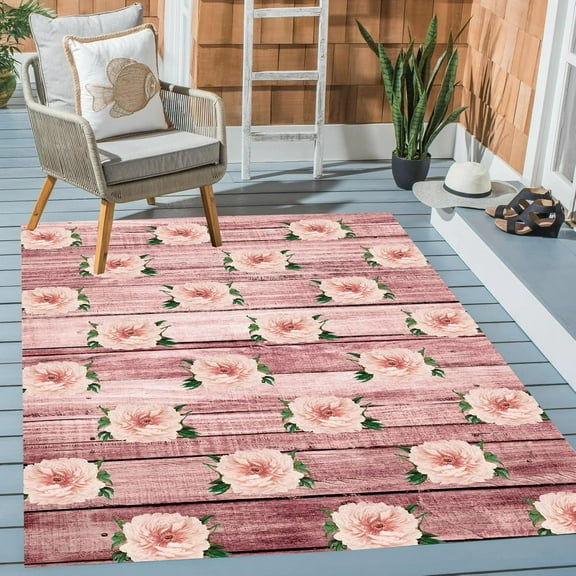 Rose Pink Floral Outdoor Indoor Area Rug Contemporary Modern Aesthetic Rug for Patio Backyard Balcony Deck Porch Washable Reversible Outside Carpet 2x3ft Garden Camping Waterproof Throw Mat