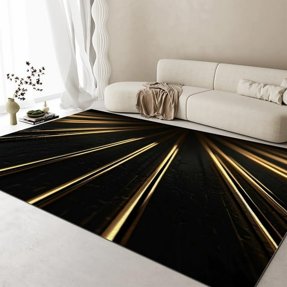 Modern Luxury Gold Texture Area Rug, Black and Gold Simple Color Matching Rugs for Living Room, Washable Low Pile Nursery Carpet, Soft Non-Slip Kitchen Nursery Balcony Rugs 2x3ft