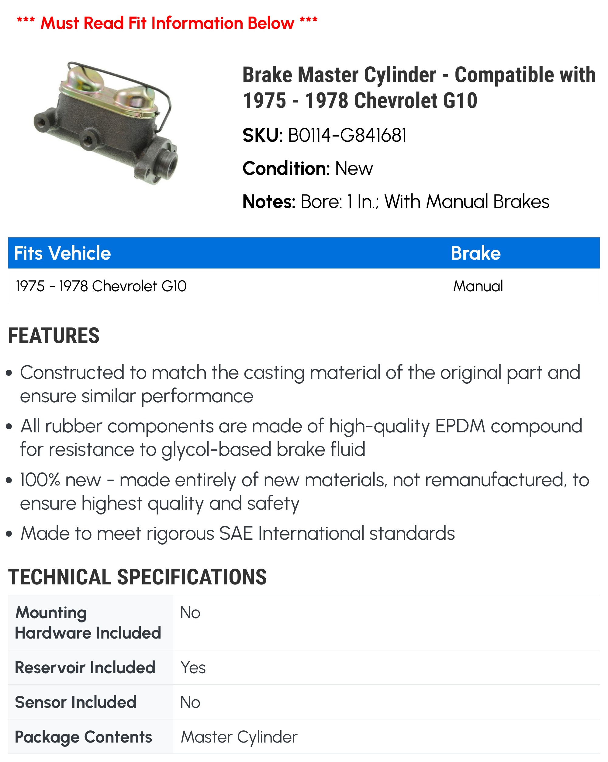 Brake Master Cylinder - Compatible with 1975 - 1978 Chevrolet G10 - Dorman