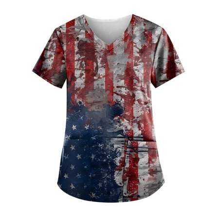 

Sksloeg Scrub Tops Women American Flag Print Blouse Short Sleeve Nurse Working Uniform V Neck Graphic Scrub Shirts Dark Blue XXXL