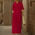 thumbnail image 6 of Feancey Vacation Outfits for Women 2 Piece Set Linen Short Sleeve Laplel V Neck Top and Elastic Waist Pant Lounge Sets Solid Color Loose Travel Outfit with Pockets Red 3XL, 6 of 10