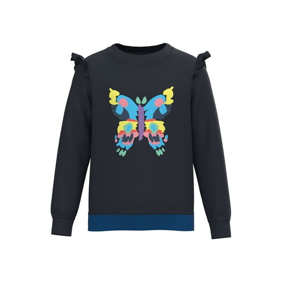 Cotonly Girls Papillon Ruffle Sweatshirt - After Midnight Blue, Fleece Winter Wear with Colorful Butterfly Graphic Print, 100% Organic Cotton, Sizes 1T-12 Years
