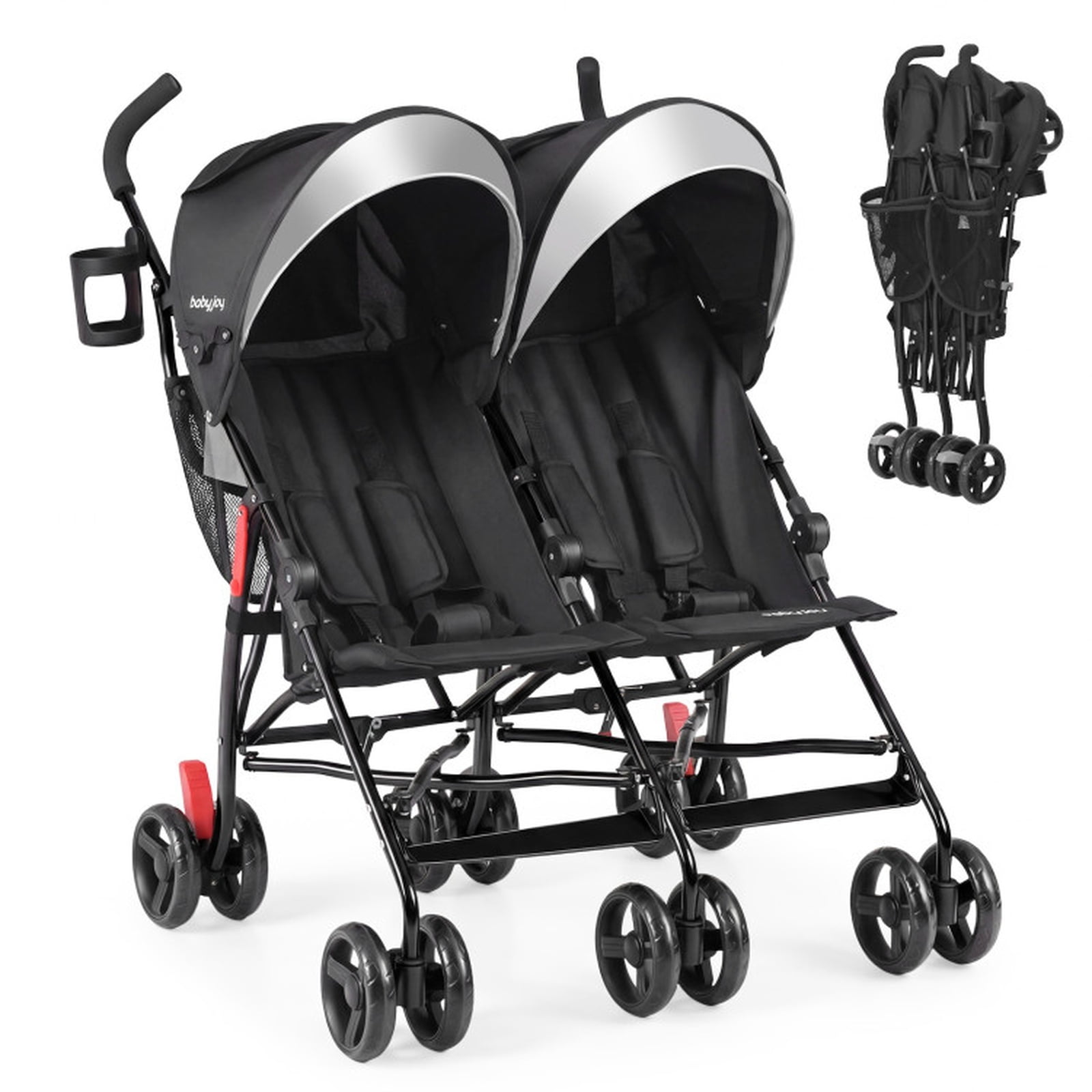 Redsmile Double Baby Stroller for 7-36 Months, Foldable Twin Umbrella Stroller for Two Kids, Ultralight Side-by-Side Toddler Stroller with 5-Point Harness & Cup Holder for Boys Girls, Black